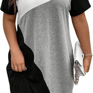Plus Size Cold Shoulder Color Block T Shirt Dress Summer Casual